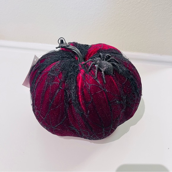 NWT Dark Red Velvet Spiderweb Lace Glitter Embellished Halloween Decor Pumpkin - Picture 12 of 15